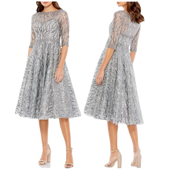 Mac Duggal NWOT Sequin Embellished Midi Dress Size 2 Platinum Silver Bead Tulle - Picture 1 of 10